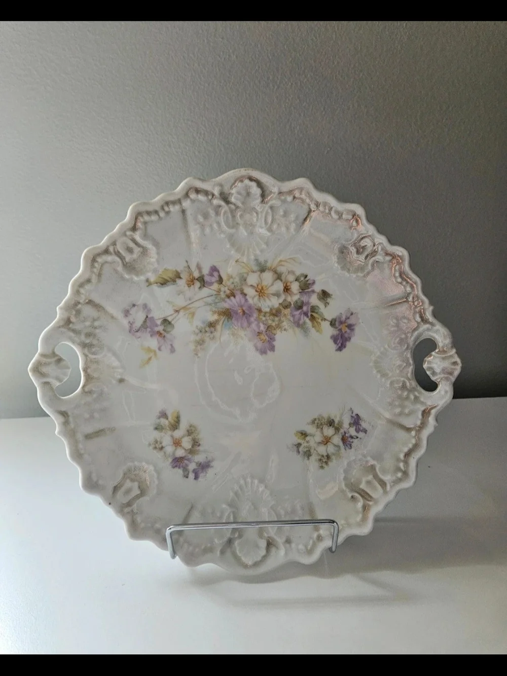 White Decorative Floral Ceramic Serving Plate with Purple Flowers